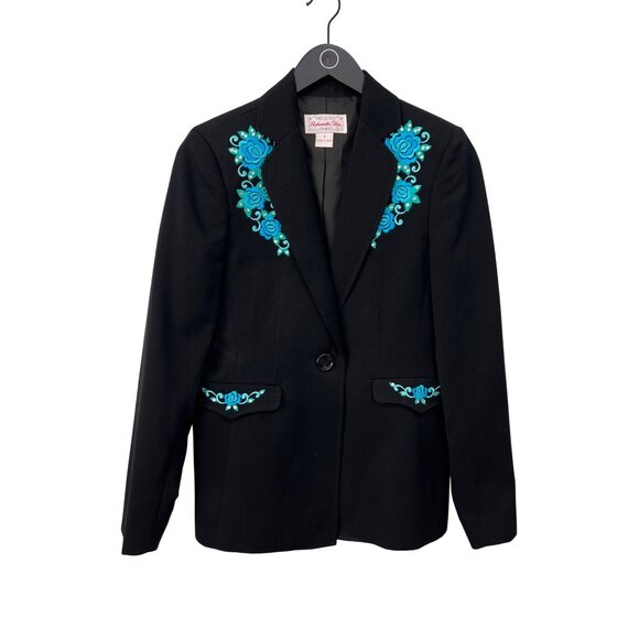 Vintage Panhandle Slim Blazer Jacket Size 8 Floral Embroidered Black Blue Formal - Picture 1 of 6